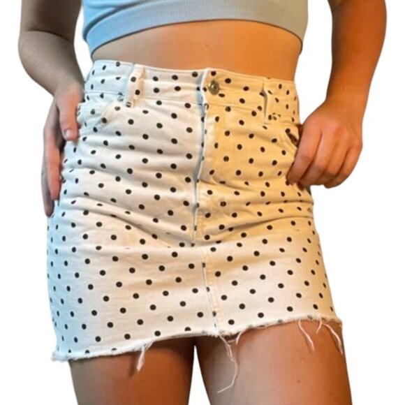 TOPSHOP Moto White Denim Polka Dot Mini Skirt - size 6 - Picture 1 of 6